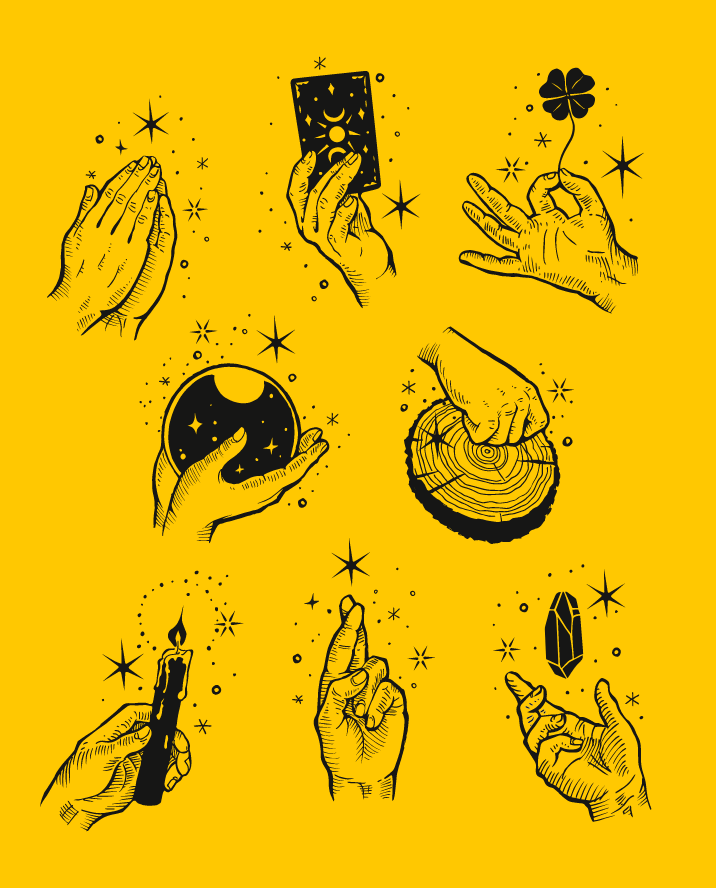 Ilustraciones de manos con gestos supersticiosos y objetos simbólicos, parte del lenguaje visual de Rituales, Premios ADG Laus 2025.