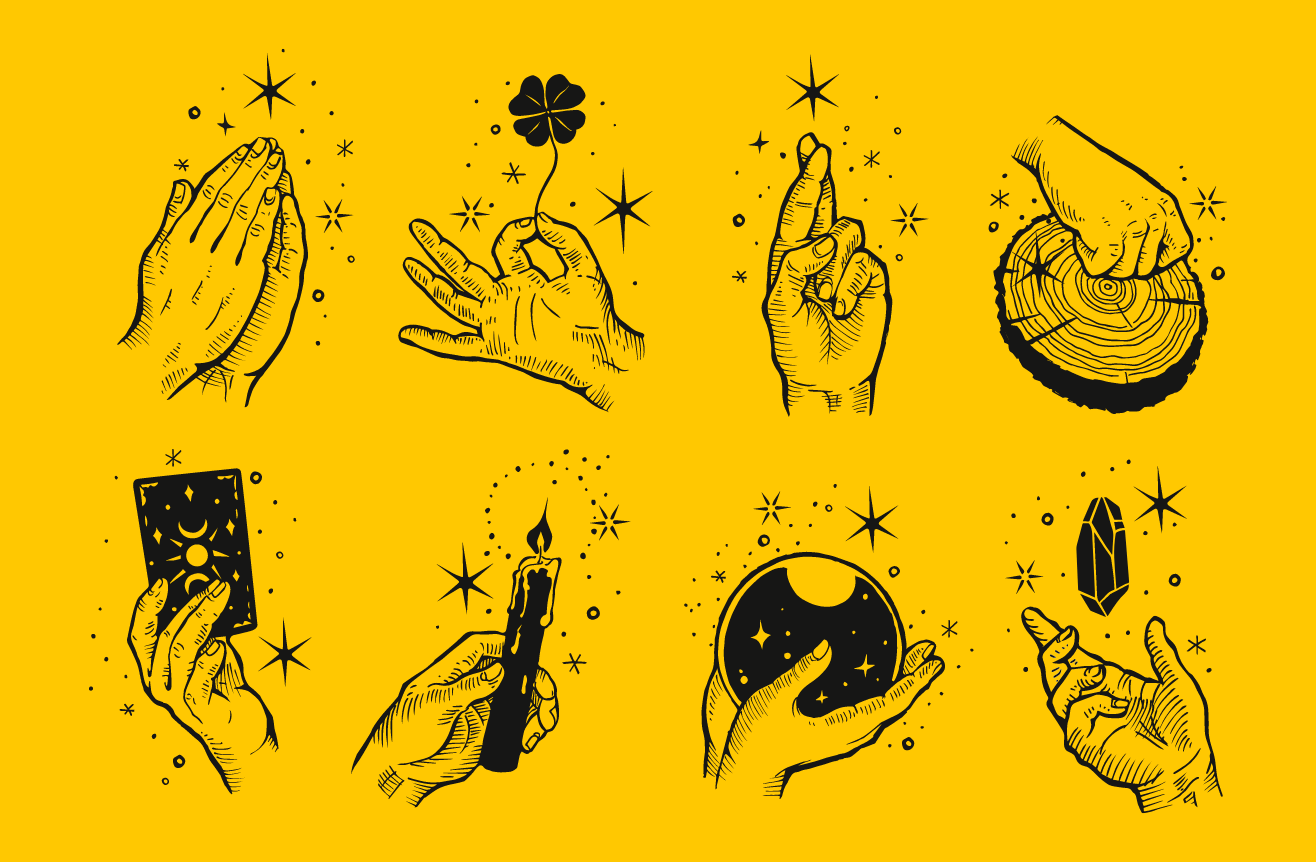 Ilustraciones de manos con gestos supersticiosos y objetos simbólicos, parte del lenguaje visual de Rituales, Premios ADG Laus 2025.