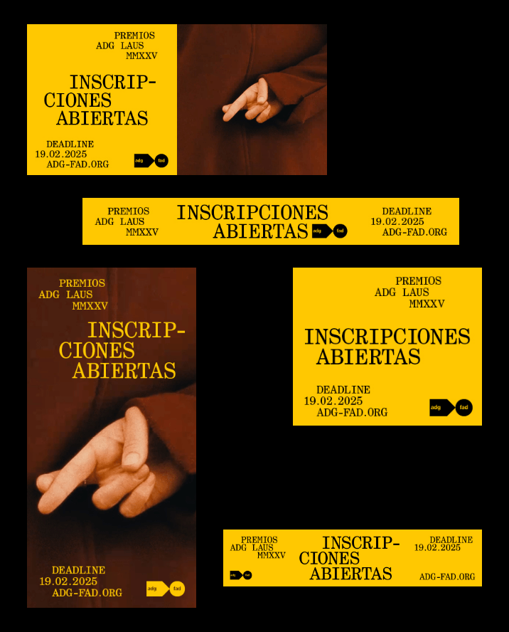 Adaptaciones gráficas de la campaña Rituales para los Premios ADG Laus 2025 en distintos formatos de banner digital.